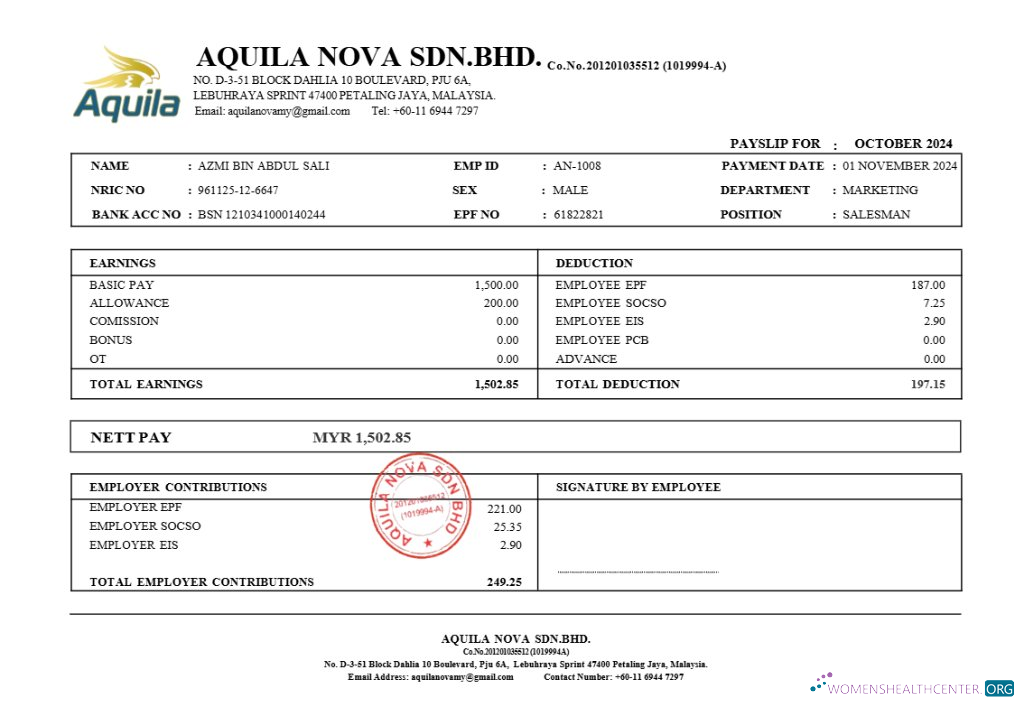 Download Aquila Nova consultant in Singapore payslip template in Word and PDF formats.pdf, 1 Photoshop template